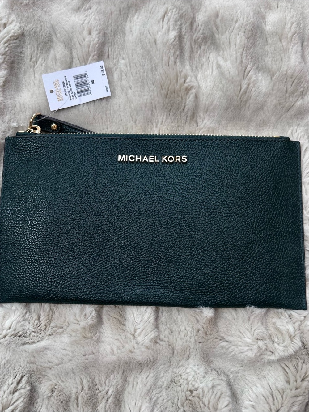 Michael Kors Large Wristlet Wallet Dark Green Pebbled Leather NWT